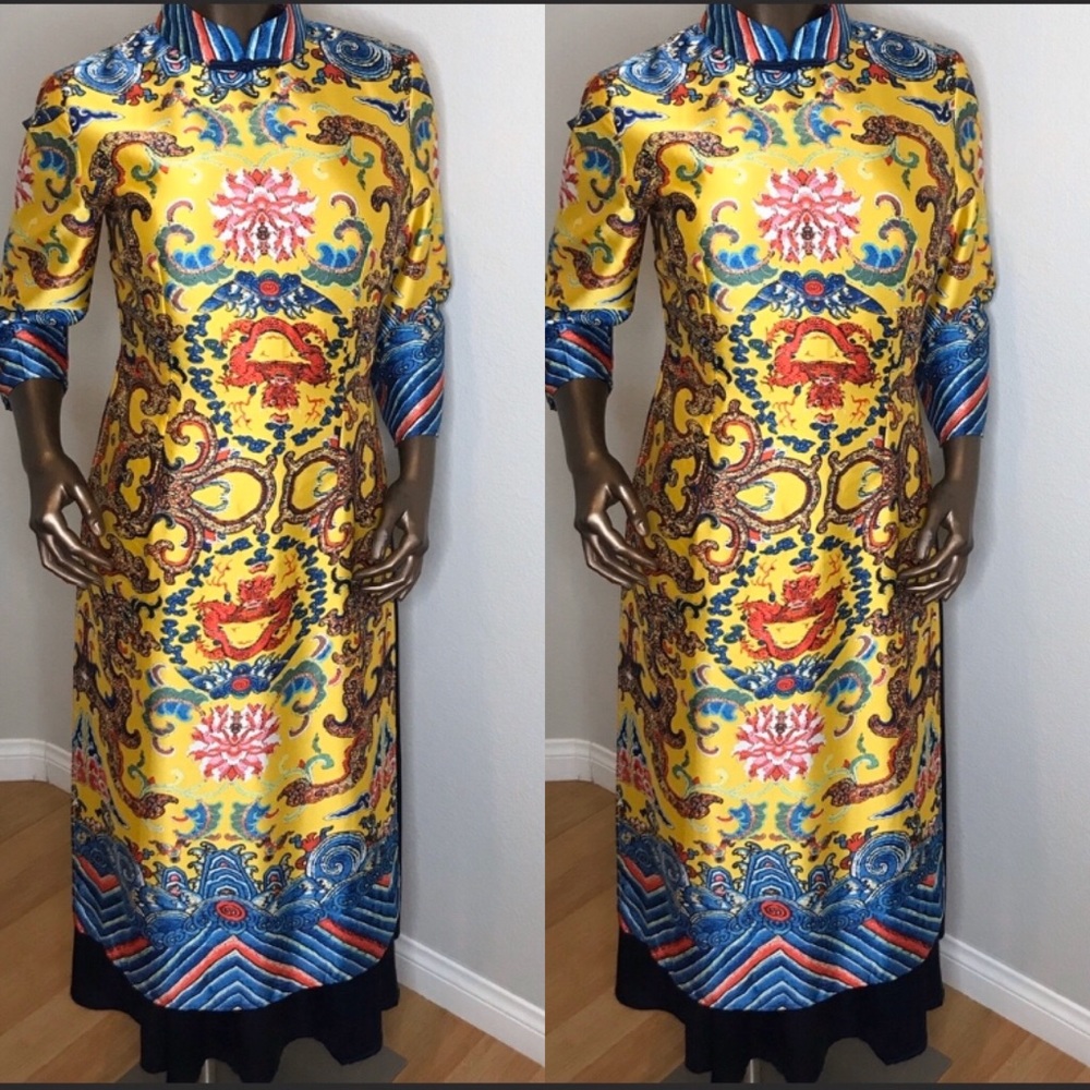 Vintage yellow Cheongsam satin dress